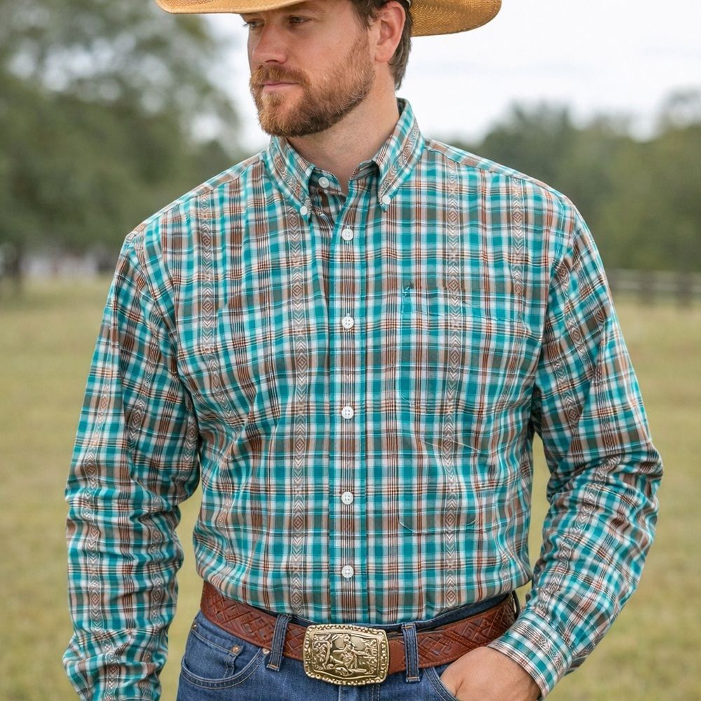Panhandle Rough Stock Western Plaid Button Down Shirt Men’s Medium Ranchwear
